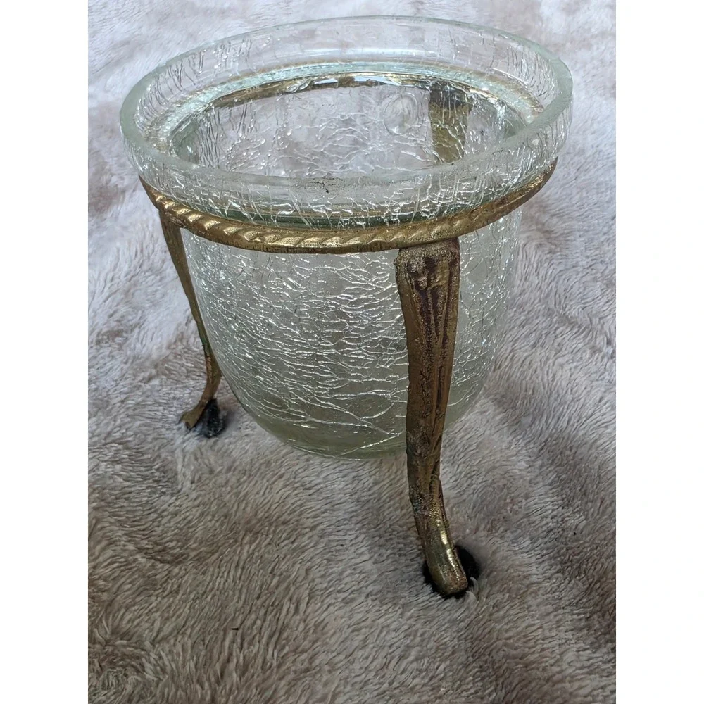Vintage Crackle Glass Votive Candle Holder with Brass Tone Metal Tripod Stand